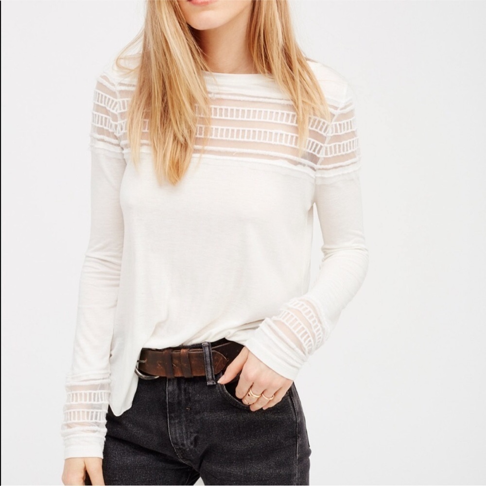 NWT! Free People Women's Ivory Long Sleeve Tee with Mesh Insert - Size Small 🌱